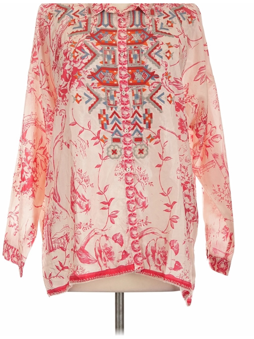 Johnny Was Pink Red Toile 100% Silk Embroidered Long Sleeve Blouse L $225